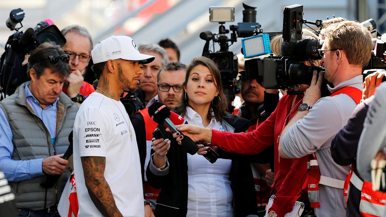 Lewis Hamilton (GBR) Mercedes AMG F1 talks to the media at Formula One Testing, Day One, Barcelona, Spain, 7 March 2017. © Sutton Images