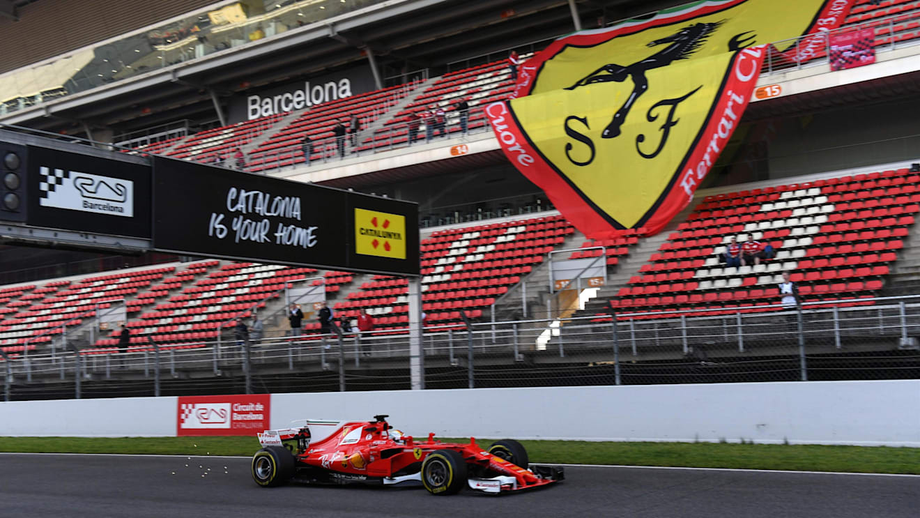 Sebastian Vettel (GER) Ferrari SF70-H passes a giant Ferrari flag in the Grandstand at Formula One Testing, Day Three, Barcelona, Spain, 9 March 2017. © Sutton Images