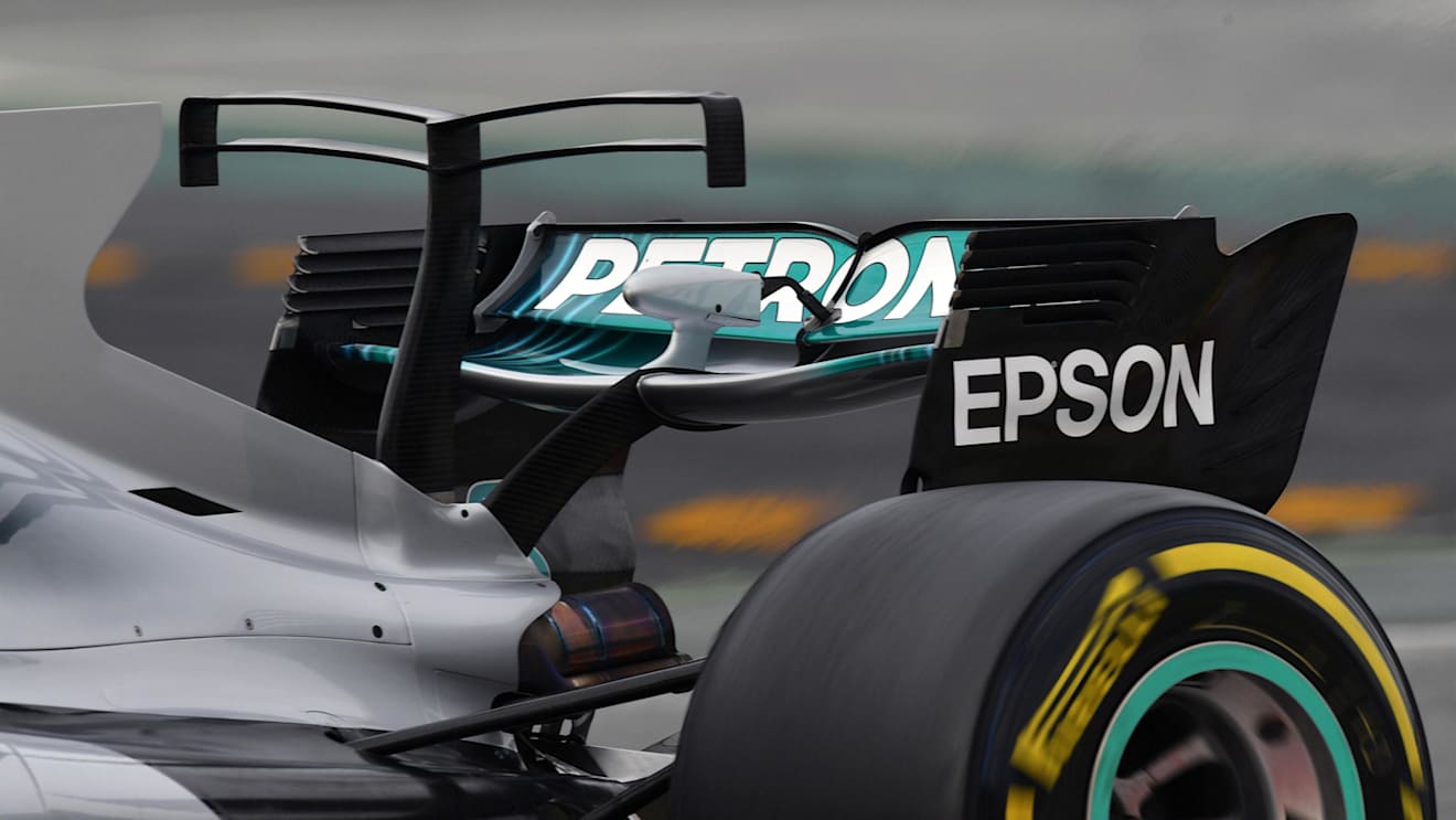 Mercedes-Benz F1 W08 Hybrid rear wing detail at Formula One Testing, Day Two, Barcelona, Spain, 8 March 2017. © Sutton Images