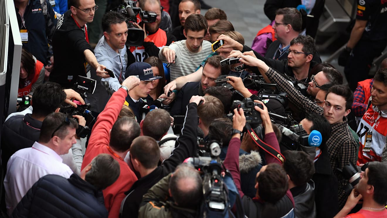 Max Verstappen (NED) Red Bull Racing talks with the media at Formula One Testing, Day Two, Barcelona, Spain, 8 March 2017. © Sutton Images