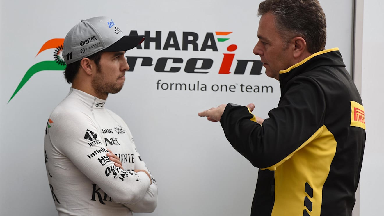 Sergio Perez (MEX) Force India and Mario Isola (ITA) Pirelli Sporting Director at Formula One Testing, Day Two, Barcelona, Spain, 8 March 2017. © Sutton Images