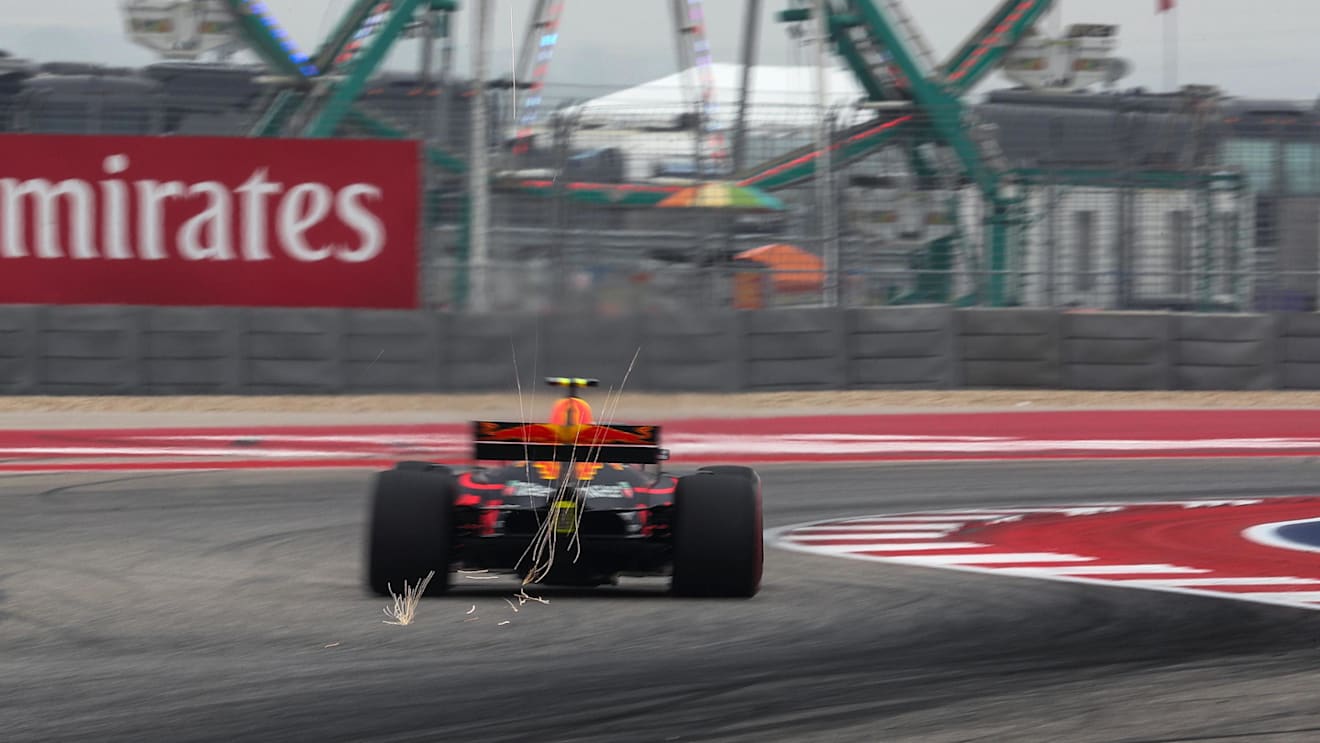 Max Verstappen (NED) Red Bull Racing RB13 sparks at Formula One World Championship, Rd17, United States Grand Prix, Practice, Circuit of the Americas, Austin, Texas, USA, Friday 20 October 2017. © Kym Illman/Sutton Images