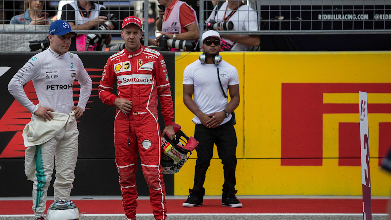 Valtteri Bottas (FIN) Mercedes AMG F1 and Sebastian Vettel (GER) Ferrari Celebrate in Parc ferme at Formula One World Championship, Rd17, United States Grand Prix, Qualifying, Circuit of the Americas, Austin, Texas, USA, Saturday 21 October 2017. © Manuel Goria/Sutton Images