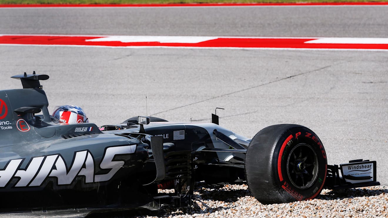 Romain Grosjean (FRA) Haas VF-17 spins into the gravel in FP3 at Formula One World Championship, Rd17, United States Grand Prix, Qualifying, Circuit of the Americas, Austin, Texas, USA, Saturday 21 October 2017. © Zak Mauger/LAT/Sutton Images