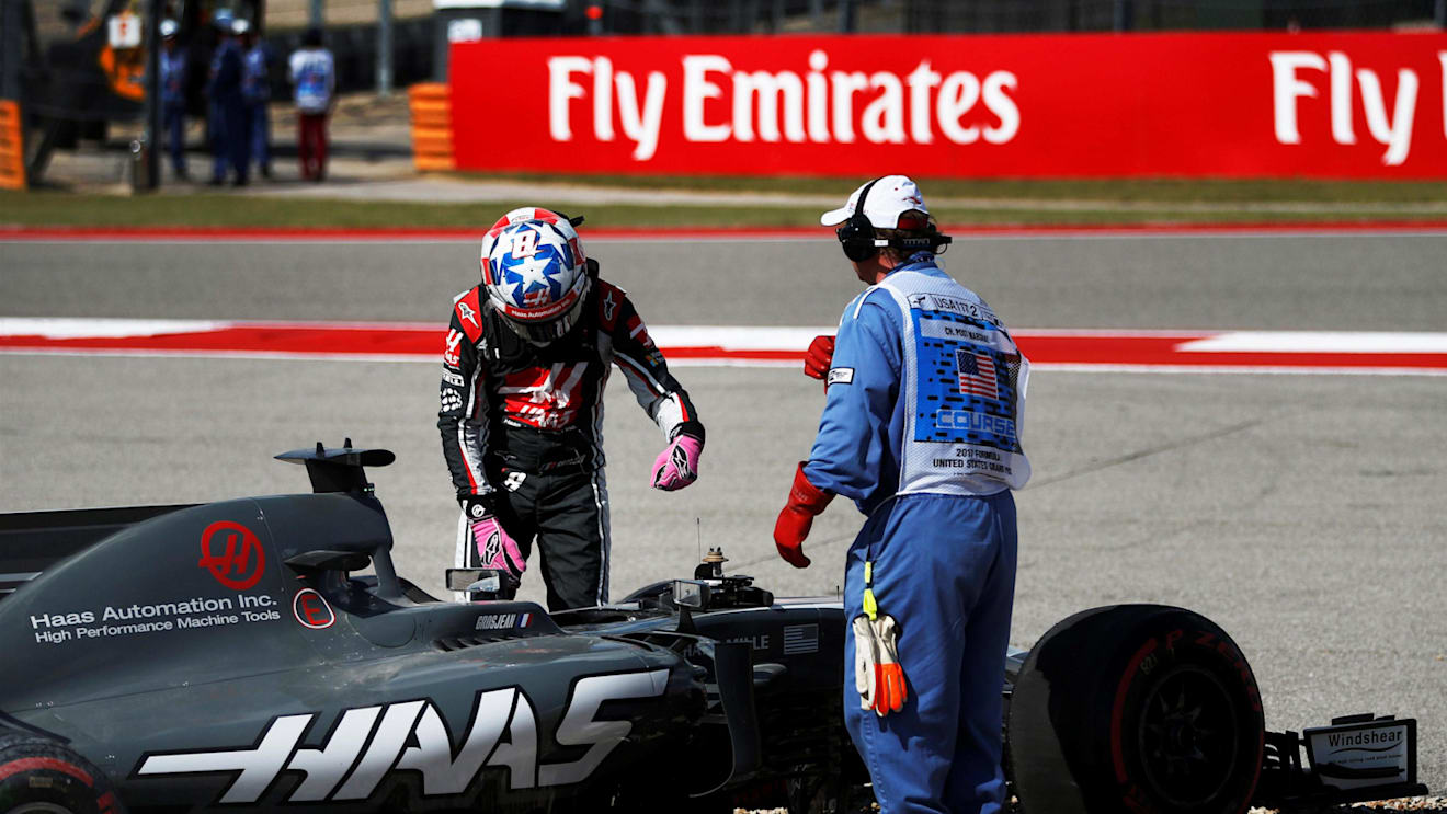 Romain Grosjean (FRA) Haas VF-17 spins into the gravel in FP3 at Formula One World Championship, Rd17, United States Grand Prix, Qualifying, Circuit of the Americas, Austin, Texas, USA, Saturday 21 October 2017. © Zak Mauger/LAT/Sutton Images