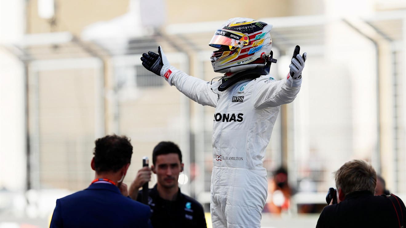 Pole sitter Lewis Hamilton (GBR) Mercedes AMG F1 Celebrates in parc ferme at Formula One World Championship, Rd17, United States Grand Prix, Qualifying, Circuit of the Americas, Austin, Texas, USA, Saturday 21 October 2017. © Zak Mauger/LAT/Sutton Images