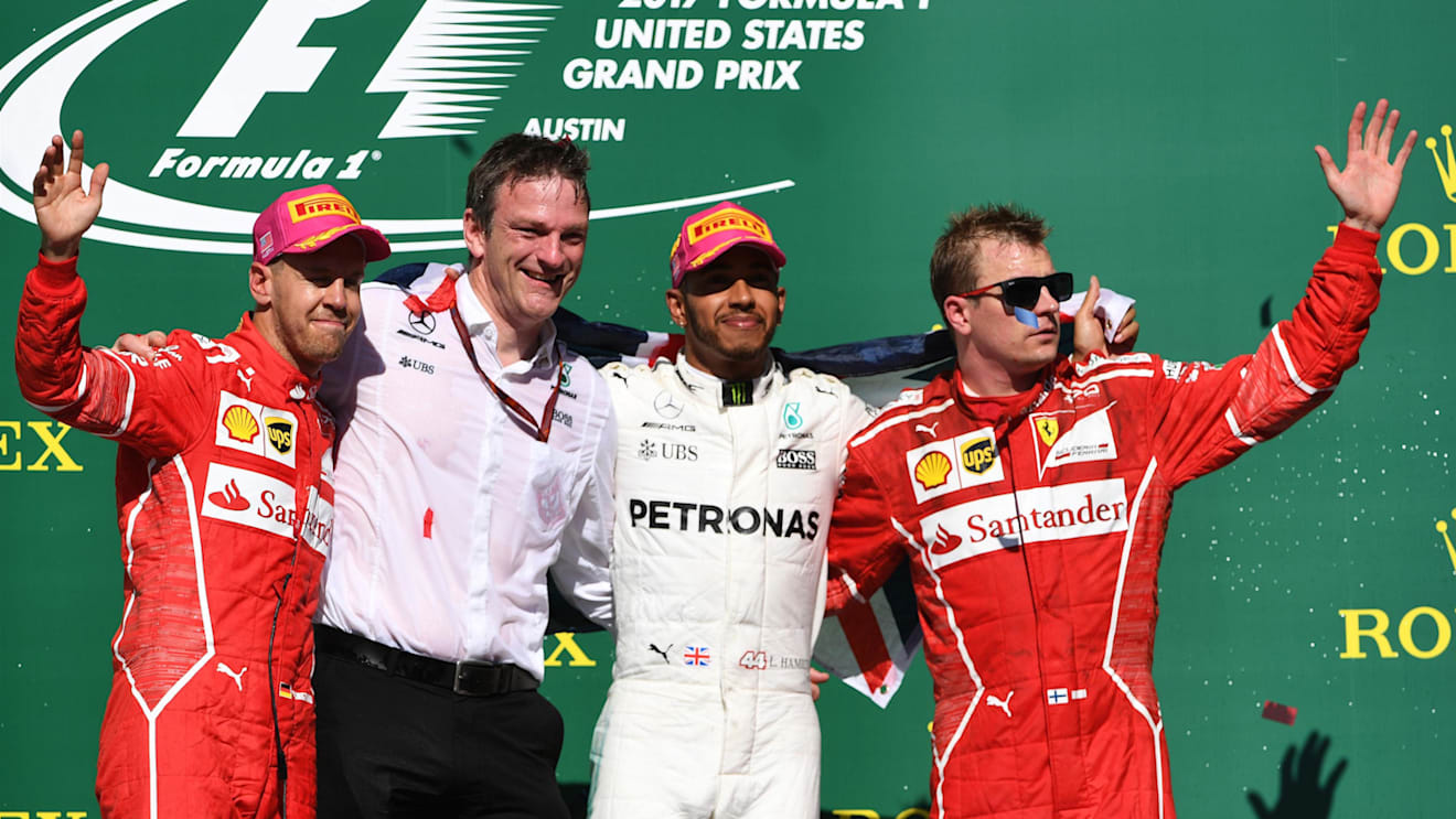 (L to R): Sebastian Vettel (GER) Ferrari, James Allison (GBR) Mercedes AMG F1 Technical Director, Lewis Hamilton (GBR) Mercedes AMG F1 and Kimi Raikkonen (FIN) Ferrari celebrate on the podium at Formula One World Championship, Rd17, United States Grand Prix, Race, Circuit of the Americas, Austin, Texas, USA, Sunday 22 October 2017. © Mark Sutton/Sutton Images