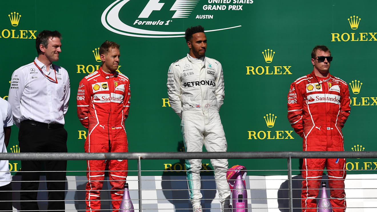 Usain Bolt (JAM), James Allison (GBR) Mercedes AMG F1 Technical Director, Sebastian Vettel (GER) Ferrari, Lewis Hamilton (GBR) Mercedes AMG F1 and Kimi Raikkonen (FIN) Ferrari on the podium at Formula One World Championship, Rd17, United States Grand Prix, Race, Circuit of the Americas, Austin, Texas, USA, Sunday 22 October 2017. © Mark Sutton/Sutton Images
