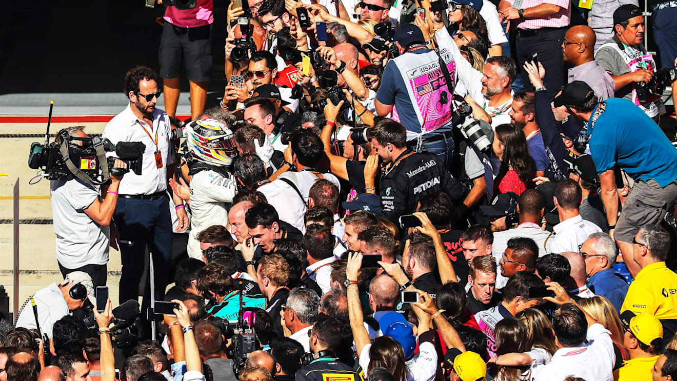 Race winner Lewis Hamilton (GBR) Mercedes AMG F1 celebrates in parc ferme at Formula One World Championship, Rd17, United States Grand Prix, Race, Circuit of the Americas, Austin, Texas, USA, Sunday 22 October 2017. © Kym Illman/Sutton Images