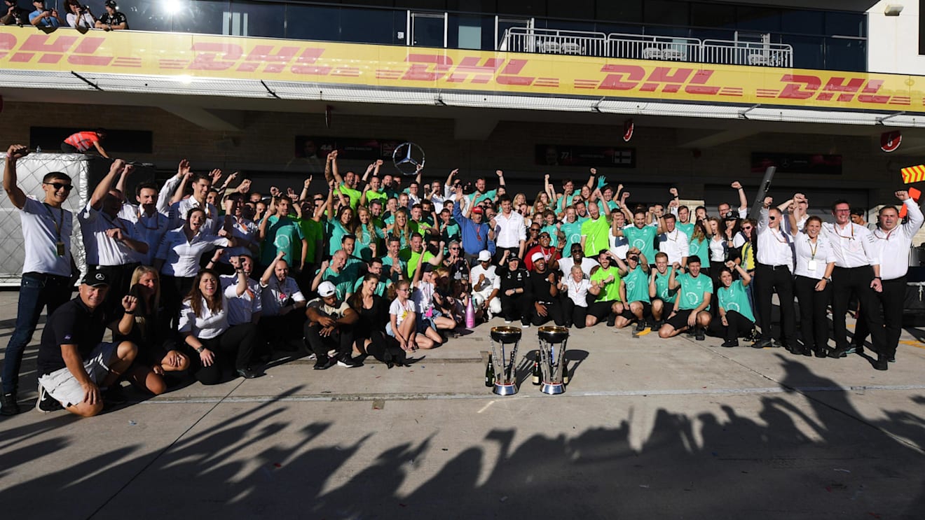 Race winner Lewis Hamilton (GBR) Mercedes AMG F1 celebrates with the team at Formula One World Championship, Rd17, United States Grand Prix, Race, Circuit of the Americas, Austin, Texas, USA, Sunday 22 October 2017. © Mark Sutton/Sutton Images