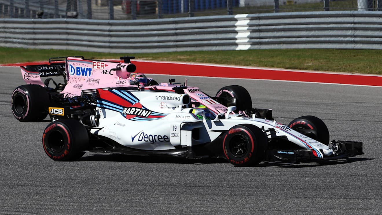 Felipe Massa (BRA) Williams FW40 and Sergio Perez (MEX) Force India VJM10 battle at Formula One World Championship, Rd17, United States Grand Prix, Race, Circuit of the Americas, Austin, Texas, USA, Sunday 22 October 2017. © Mark Sutton/Sutton Images
