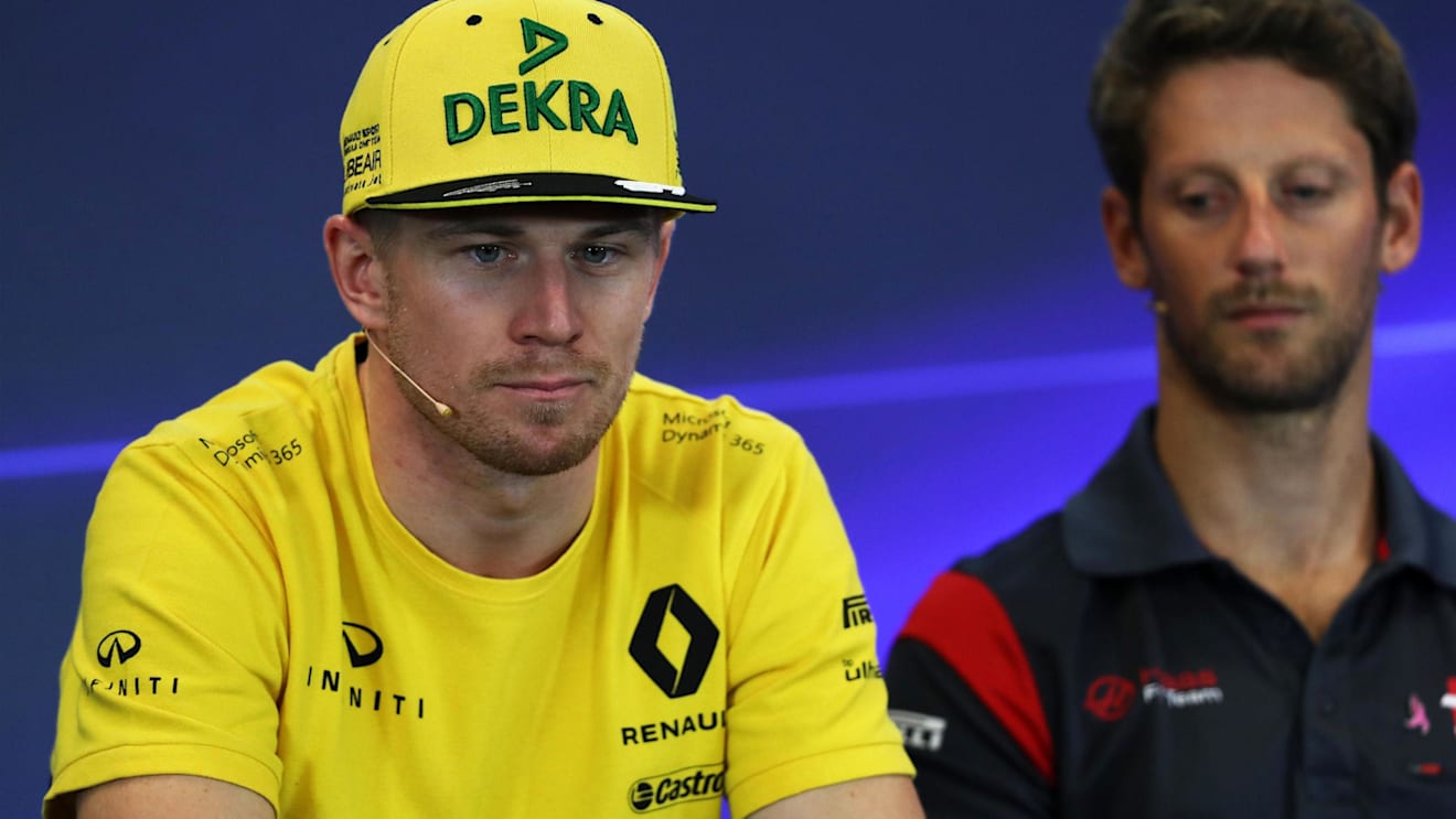 Nico Hulkenberg (GER) Renault Sport F1 Team and Romain Grosjean (FRA) Haas F1 in the Press Conference at Formula One World Championship, Rd17, United States Grand Prix, Preparations, Circuit of the Americas, Austin, Texas, USA, Thursday 19 October 2017. ©