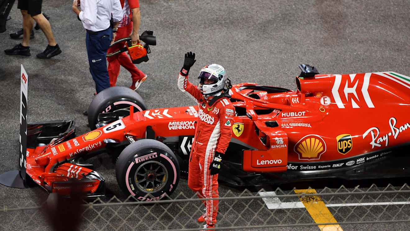 Sebastian Vettel, Ferrari SF71H celebrates in Parc Ferme at Formula One World Championship, Rd21, Abu Dhabi Grand Prix, Qualifying, Yas Marina Circuit, Abu Dhabi, UAE, Saturday 24 November 2018.