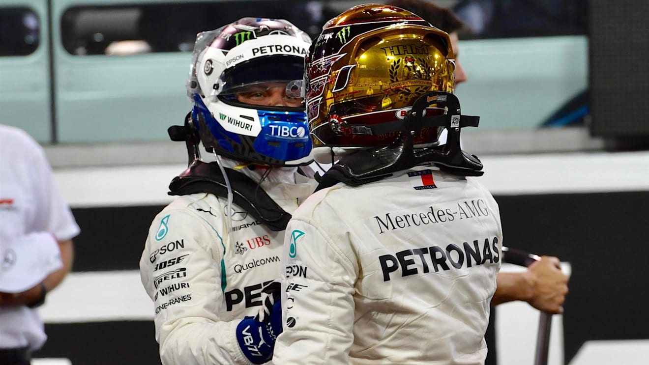 Valtteri Bottas, Mercedes AMG F1 and Lewis Hamilton, Mercedes AMG F1 celebrate in Parc Ferme at Formula One World Championship, Rd21, Abu Dhabi Grand Prix, Qualifying, Yas Marina Circuit, Abu Dhabi, UAE, Saturday 24 November 2018.