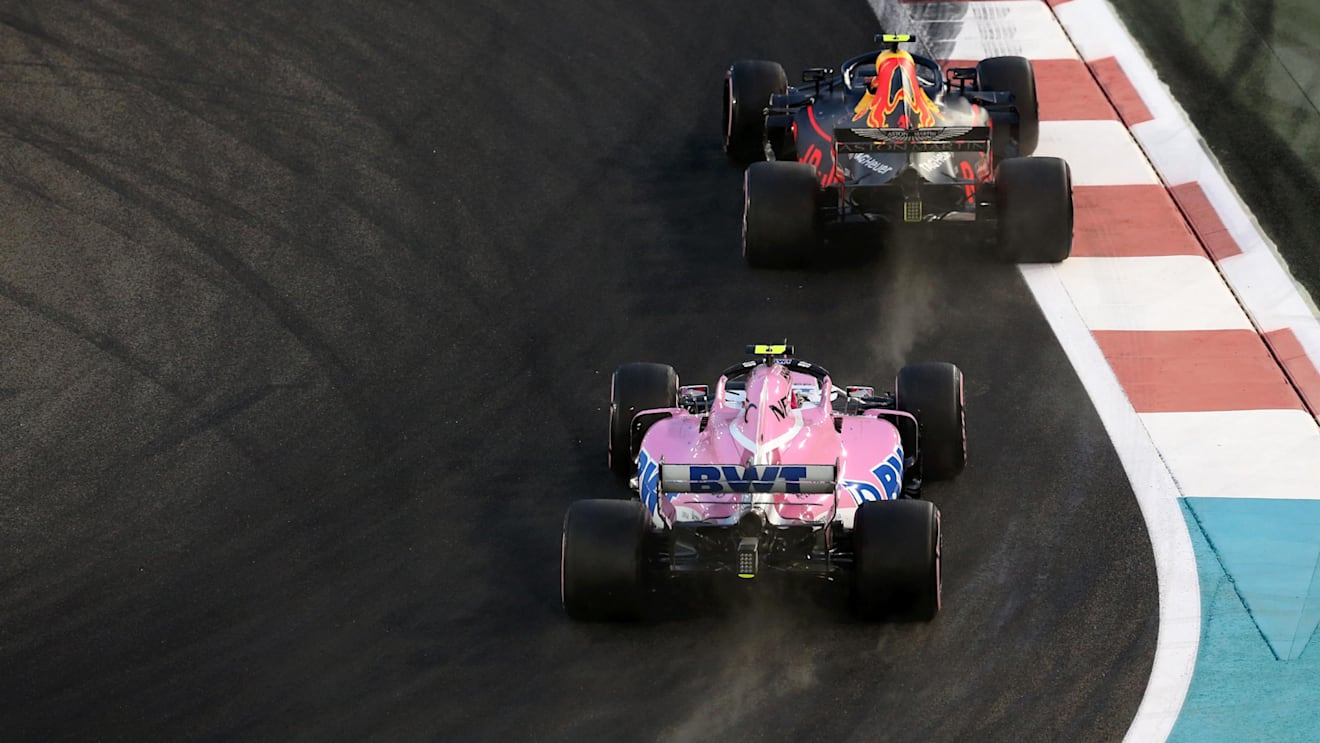 Esteban Ocon, Racing Point Force India VJM11 and Max Verstappen, Red Bull Racing RB14 at Formula One World Championship, Rd21, Abu Dhabi Grand Prix, Race, Yas Marina Circuit, Abu Dhabi, UAE, Sunday 25 November 2018.