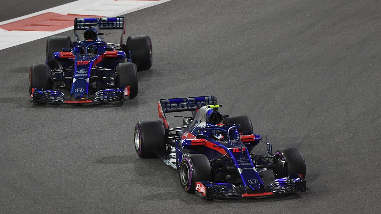 Pierre Gasly, Toro Rosso STR13 and Brendon Hartley, Toro Rosso STR13 at Formula One World Championship, Rd21, Abu Dhabi Grand Prix, Race, Yas Marina Circuit, Abu Dhabi, UAE, Sunday 25 November 2018.