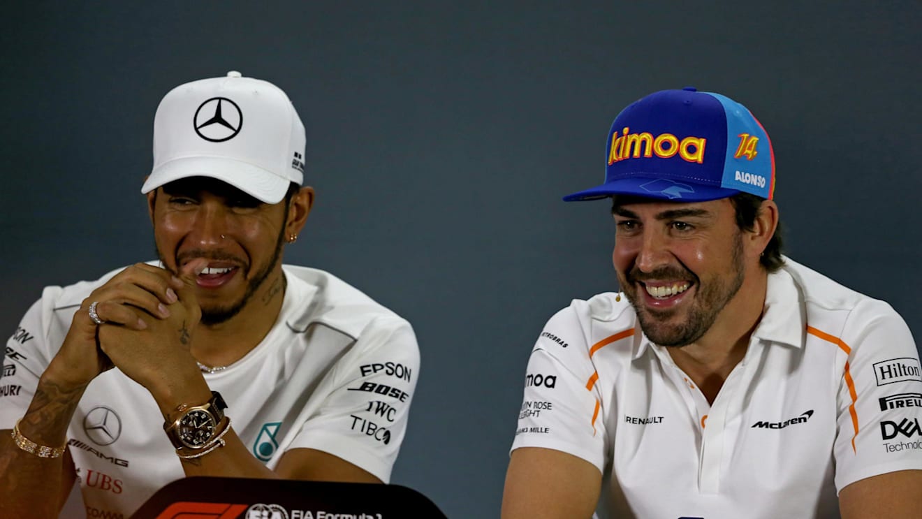 Lewis Hamilton, Mercedes AMG F1 and Fernando Alonso, McLaren in the press conference at Formula One World Championship, Rd21, Abu Dhabi Grand Prix, Preparations, Yas Marina Circuit, Abu Dhabi, UAE, Thursday 22 November 2018.