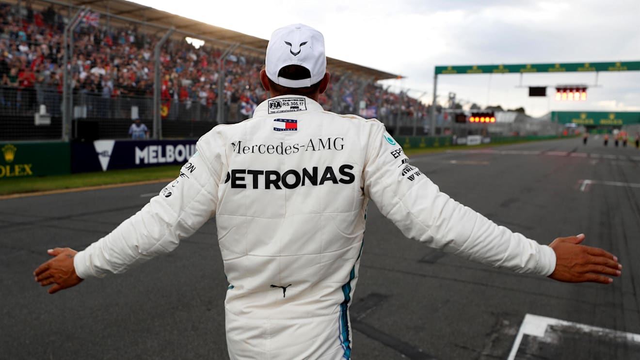 Pole sitter Lewis Hamilton (GBR) Mercedes-AMG F1 celebrates in parc ferme at Formula One World Championship, Rd1, Australian Grand Prix, Qualifying, Melbourne, Australia, Saturday 24 March 2018. © Steven Tee/LAT/Sutton Images
