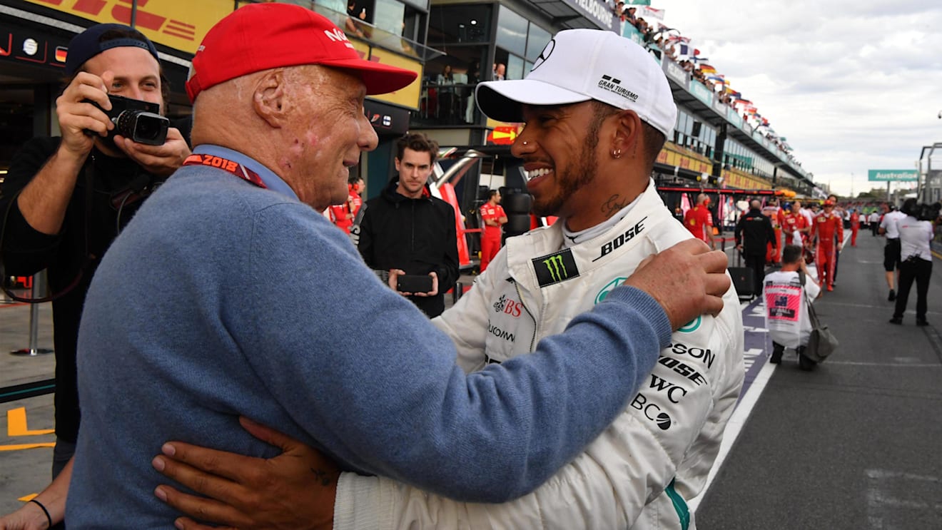 Pole sitter Lewis Hamilton (GBR) Mercedes-AMG F1 celebrates in parc ferme with Niki Lauda (AUT) Mercedes AMG F1 Non-Executive Chairman at Formula One World Championship, Rd1, Australian Grand Prix, Qualifying, Melbourne, Australia, Saturday 24 March 2018. © Mark Sutton/Sutton Images