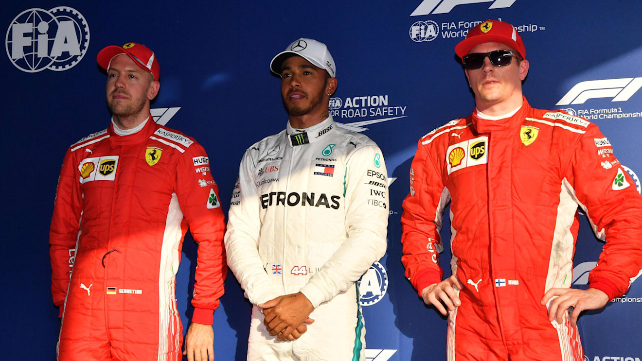 (L to R): Sebastian Vettel (GER) Ferrari, pole sitter Lewis Hamilton (GBR) Mercedes-AMG F1 and Kimi Raikkonen (FIN) Ferrari in parc ferme at Formula One World Championship, Rd1, Australian Grand Prix, Qualifying, Melbourne, Australia, Saturday 24 March 2018. © Mark Sutton/Sutton Images