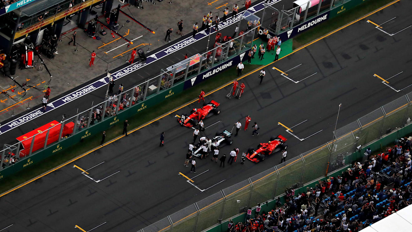 Aerial view of parc ferme at Formula One World Championship, Rd1, Australian Grand Prix, Qualifying, Melbourne, Australia, Saturday 24 March 2018. © Zak Mauger/LAT/Sutton Images