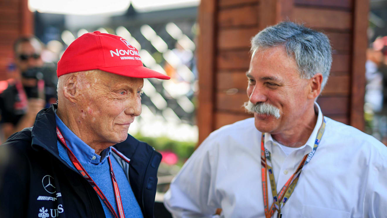 Niki Lauda (AUT) Mercedes AMG F1 Non-Executive Chairman and Chase Carey (USA) Chief Executive Officer and Executive Chairman of the Formula One Group at Formula One World Championship, Rd1, Australian Grand Prix, Race, Melbourne, Australia, Sunday 25 March 2018. © Manuel Goria/Sutton Images