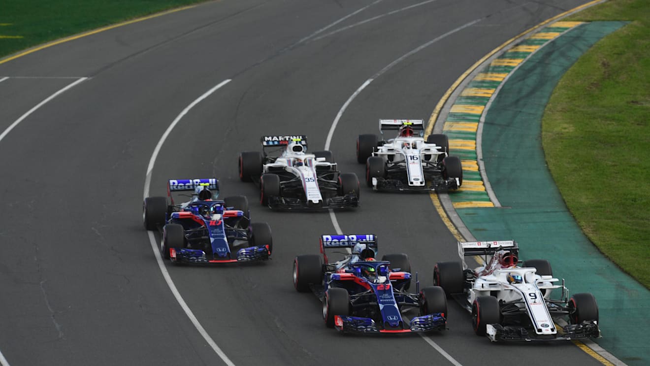 Marcus Ericsson (SWE) Alfa Romeo Sauber C37, Brendon Hartley (NZL) Scuderia Toro Rosso STR13, Pierre Gasly (FRA) Scuderia Toro Rosso STR13, Sergey Sirotkin (RUS) Williams FW41 and Charles Leclerc (MON) Alfa Romeo Sauber C37 at Formula One World Championship, Rd1, Australian Grand Prix, Race, Melbourne, Australia, Sunday 25 March 2018. © Mark Sutton/Sutton Images
