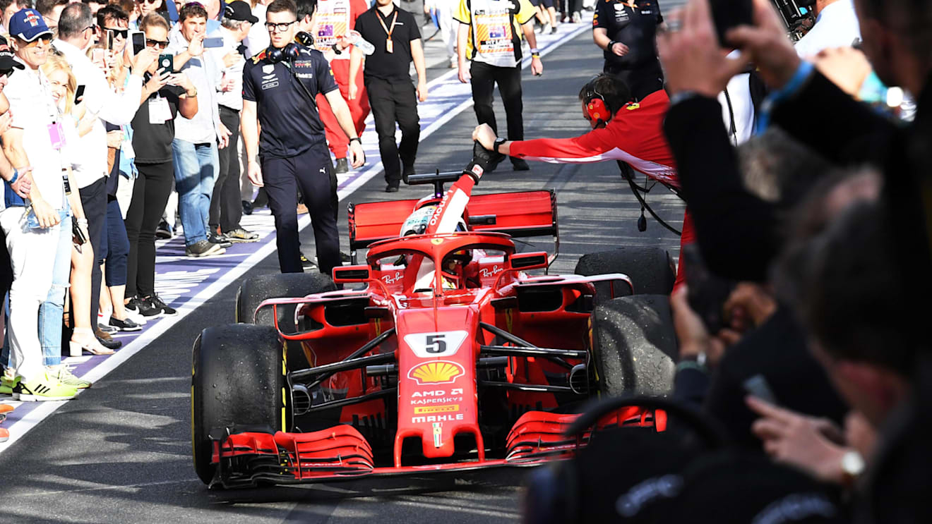 Race winner Sebastian Vettel (GER) Ferrari SF-71H celebrates as he arrives in parc ferme at Formula One World Championship, Rd1, Australian Grand Prix, Race, Melbourne, Australia, Sunday 25 March 2018. © Mark Sutton/Sutton Images