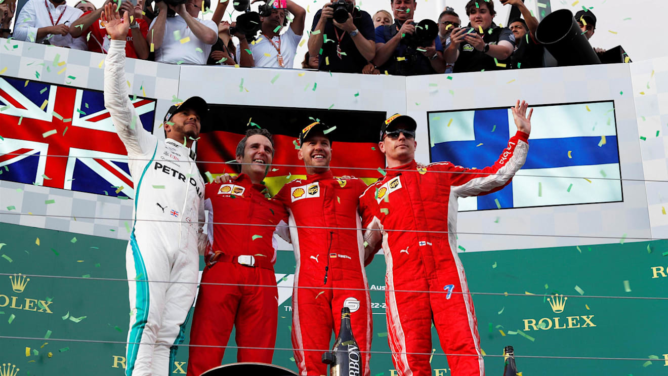 (L to R): Lewis Hamilton (GBR) Mercedes-AMG F1, Sebastian Vettel (GER) Ferrari and Kimi Raikkonen (FIN) Ferrari celebrate on the podium at Formula One World Championship, Rd1, Australian Grand Prix, Race, Melbourne, Australia, Sunday 25 March 2018. © Manuel Goria/Sutton Images