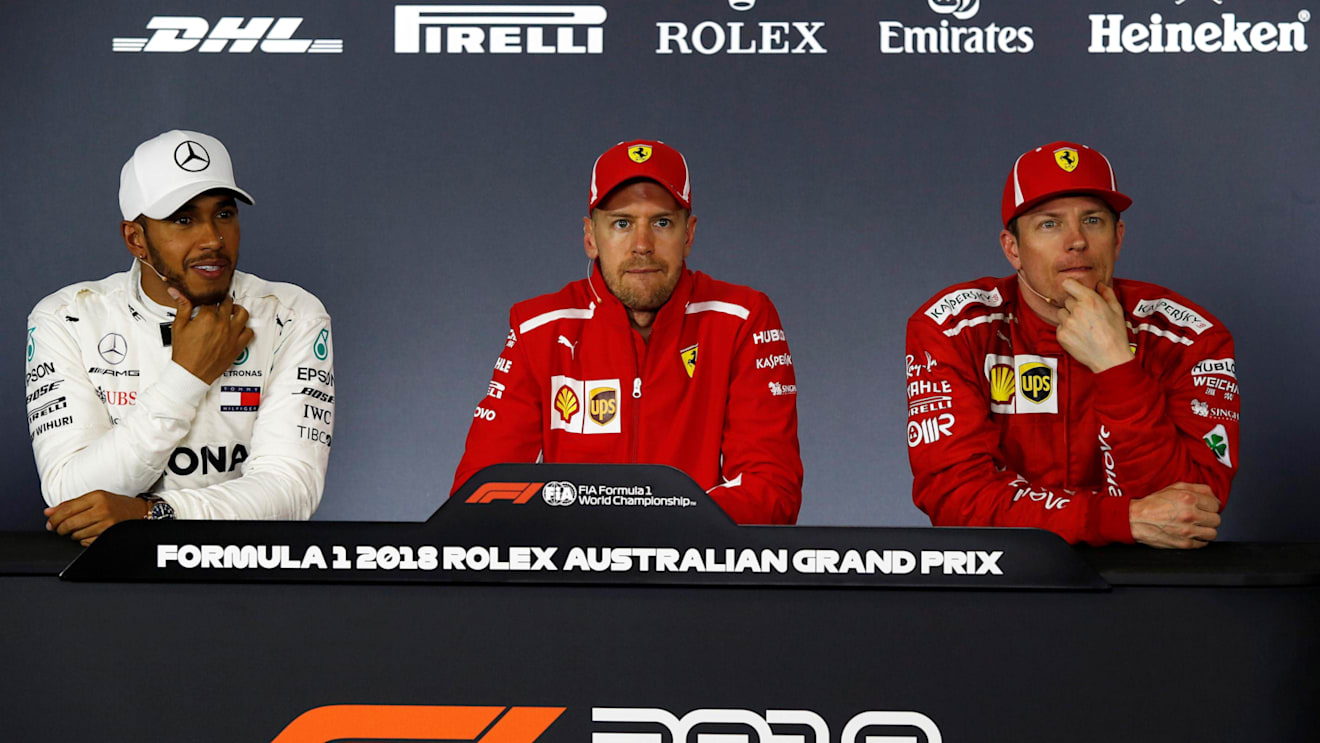 Lewis Hamilton (GBR) Mercedes-AMG F1, Sebastian Vettel (GER) Ferrari and Kimi Raikkonen (FIN) Ferrari in the Press Conference at Formula One World Championship, Rd1, Australian Grand Prix, Race, Melbourne, Australia, Sunday 25 March 2018. © Manuel Goria/Sutton Images