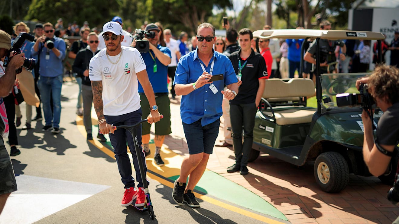 Lewis Hamilton (GBR) Mercedes-AMG F1 on a scooter at Formula One World Championship, Rd1, Australian Grand Prix, Race, Melbourne, Australia, Sunday 25 March 2018. © Manuel Goria/Sutton Images