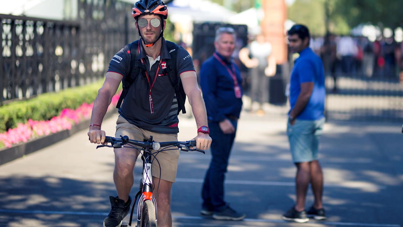Romain Grosjean (FRA) Haas F1 on a bike at Formula One World Championship, Rd1, Australian Grand Prix, Preparations, Melbourne, Australia, Thursday 22 March 2018. © Manuel Goria/Sutton Images