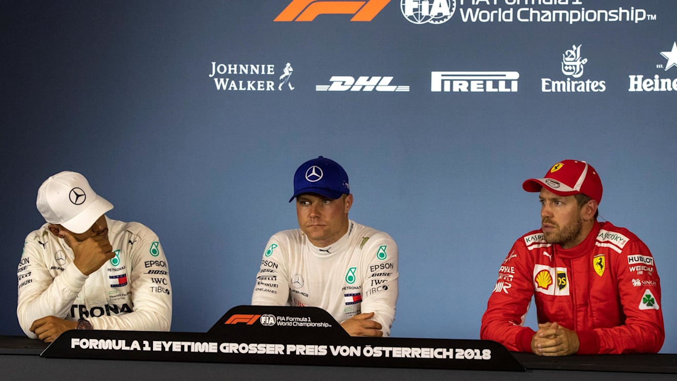 Lewis Hamilton (GBR) Mercedes-AMG F1, Valtteri Bottas (FIN) Mercedes-AMG F1 and Sebastian Vettel (GER) Ferrari in the Press Conference at Formula One World Championship, Rd9, Austrian Grand Prix, Qualifying, Spielberg, Austria, Saturday 30 June 2018. © Manuel Goria/Sutton Images
