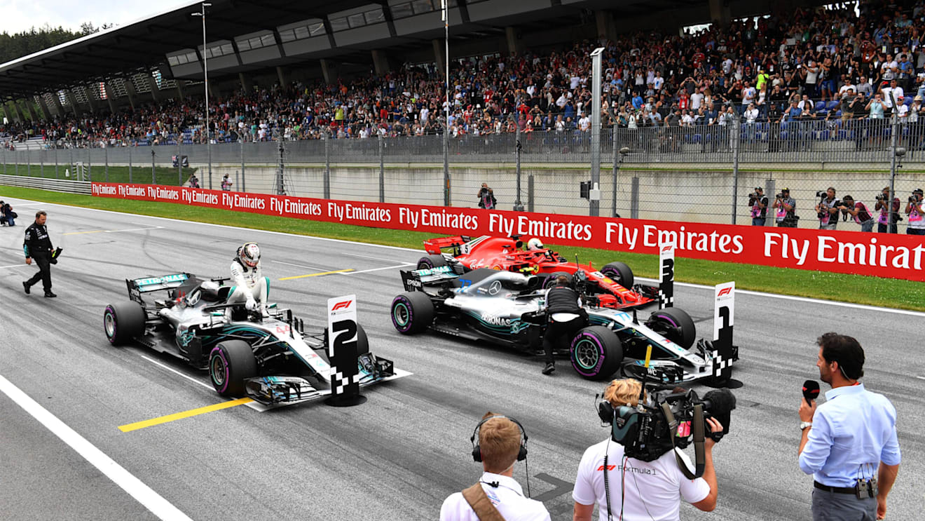 Lewis Hamilton (GBR) Mercedes-AMG F1 W09 EQ Power+, Valtteri Bottas (FIN) Mercedes-AMG F1 W09 EQ Power+ and Sebastian Vettel (GER) Ferrari SF-71H in parc ferme at Formula One World Championship, Rd9, Austrian Grand Prix, Qualifying, Spielberg, Austria, Saturday 30 June 2018. © Mark Sutton/Sutton Images