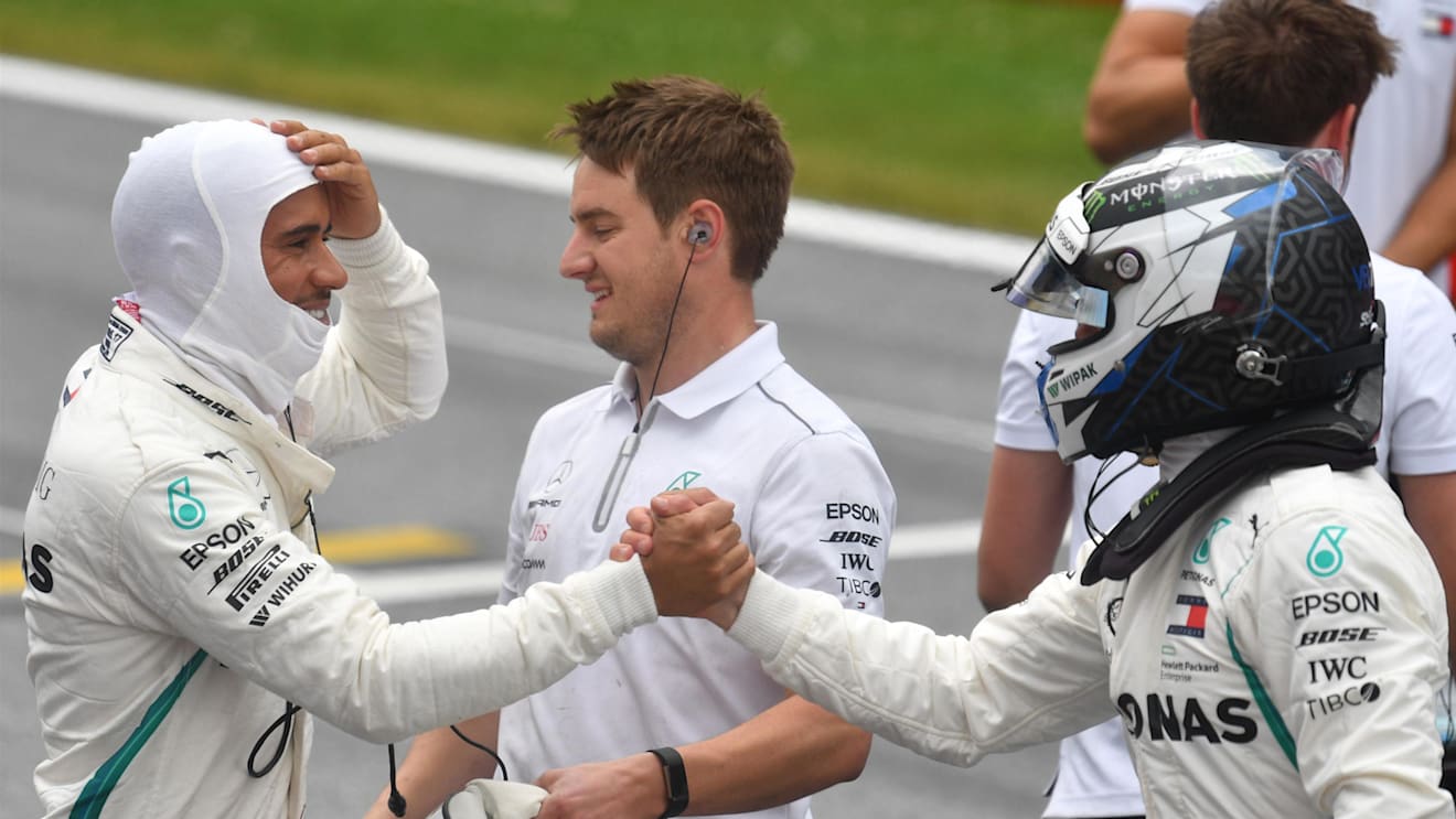 Pole sitter Bottas (FIN) Mercedes-AMG F1 celebrates in parc ferme with Hamilton (GBR) Mercedes-AMG F1 at Formula One World Championship, Rd9, Austrian Grand Prix, Qualifying, Spielberg, Austria, Saturday 30 June 2018. © Mark Sutton/Sutton Images