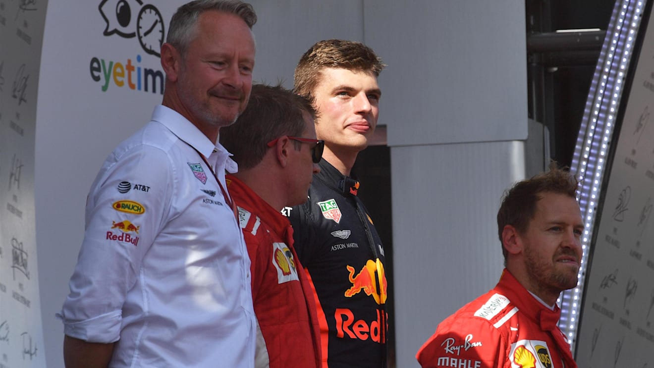 Jonathan Wheatley (GBR) Red Bull Racing Team Manager, Kimi Raikkonen (FIN) Ferrari, Max Verstappen (NED) Red Bull Racing and Sebastian Vettel (GER) Ferrari celebrate on the podium at Formula One World Championship, Rd9, Austrian Grand Prix, Race, Spielber