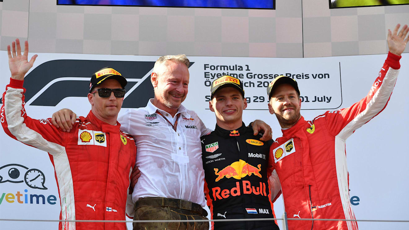 Kimi Raikkonen (FIN) Ferrari, Jonathan Wheatley (GBR) Red Bull Racing Team Manager, mxp and Sebastian Vettel (GER) Ferrari celebrate on the podium at Formula One World Championship, Rd9, Austrian Grand Prix, Race, Spielberg, Austria, Sunday 1 July 2018. © Mark Sutton/Sutton Images