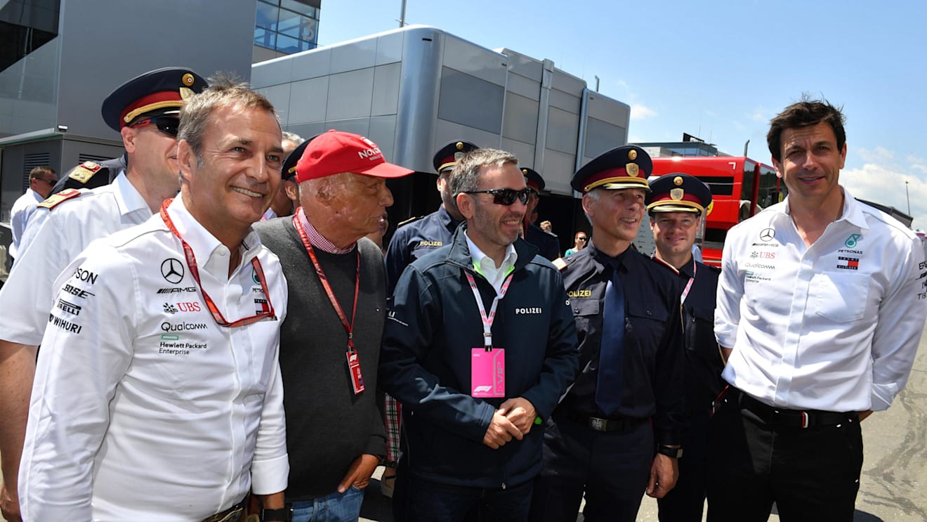 Herbert Kickl (AUT) Austrian Interior Minister with Niki Lauda (AUT) Mercedes AMG F1 Non-Executive Chairman and Toto Wolff (AUT) Mercedes AMG F1 Director of Motorsport at Formula One World Championship, Rd9, Austrian Grand Prix, Race, Spielberg, Austria, Sunday 1 July 2018. © Mark Sutton/Sutton Images
