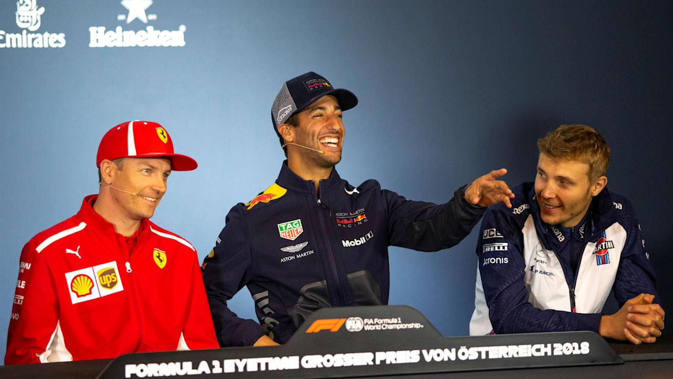 Kimi Raikkonen (FIN) Ferrari, Daniel Ricciardo (AUS) Red Bull Racing and Sergey Sirotkin (RUS) Williams in the Press Conference at Formula One World Championship, Rd9, Austrian Grand Prix, Preparations, Spielberg, Austria, Thursday 28 June 2018. © Manuel Goria/Sutton Images