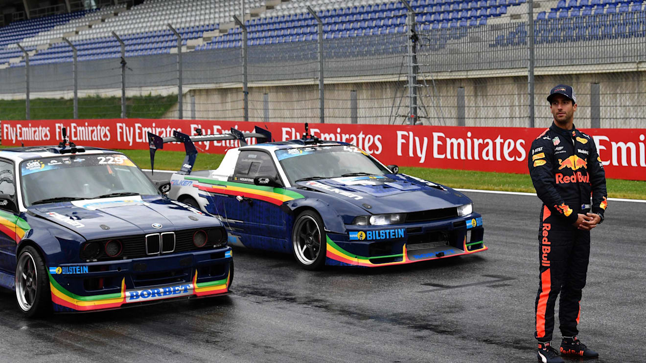 Daniel Ricciardo (AUS) Red Bull Racing and drift cars at Formula One World Championship, Rd9, Austrian Grand Prix, Preparations, Spielberg, Austria, Thursday 28 June 2018. © Mark Sutton/Sutton Images
