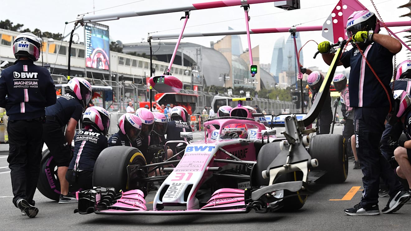Esteban Ocon (FRA) Force India VJM11 pit stop at Formula One World Championship, Rd4, Azerbaijan Grand Prix, Practice, Baku City Circuit, Baku, Azerbaijan, Friday 27 April 2018. © Mark Sutton/Sutton Images