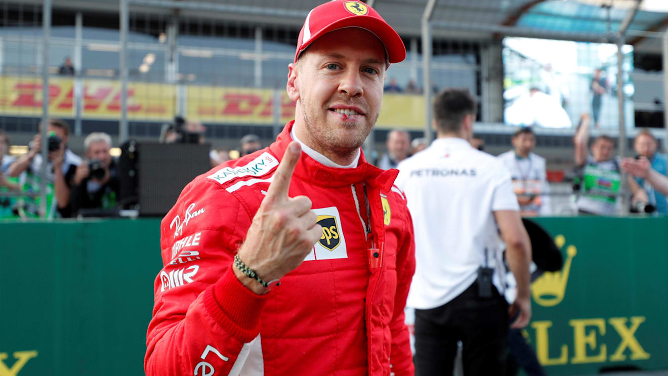Pole sitter Sebastian Vettel (GER) Ferrari celebrates in parc ferme at Formula One World Championship, Rd4, Azerbaijan Grand Prix, Qualifying, Baku City Circuit, Baku, Azerbaijan, Saturday 28 April 2018. © Steven Tee/LAT/Sutton Images