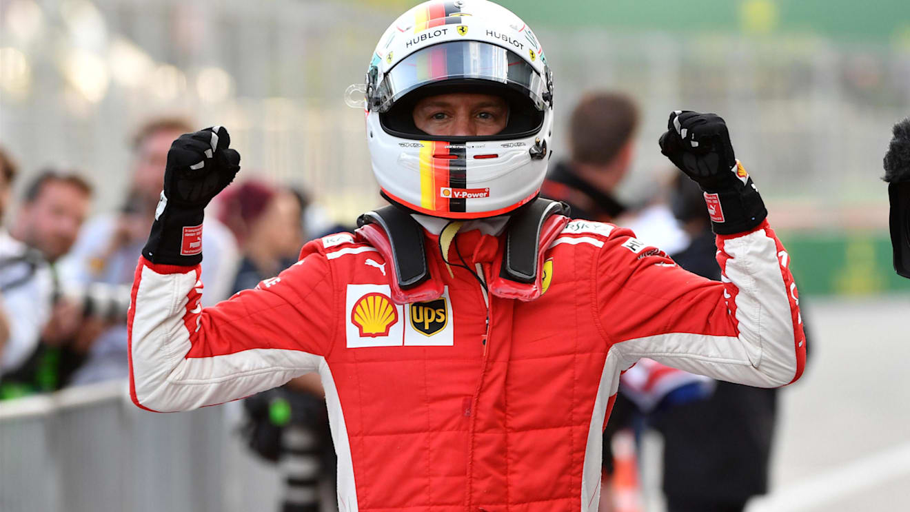 Pole sitter Sebastian Vettel (GER) Ferrari celebrates in parc ferme at Formula One World Championship, Rd4, Azerbaijan Grand Prix, Qualifying, Baku City Circuit, Baku, Azerbaijan, Saturday 28 April 2018. © Mark Sutton/Sutton Images
