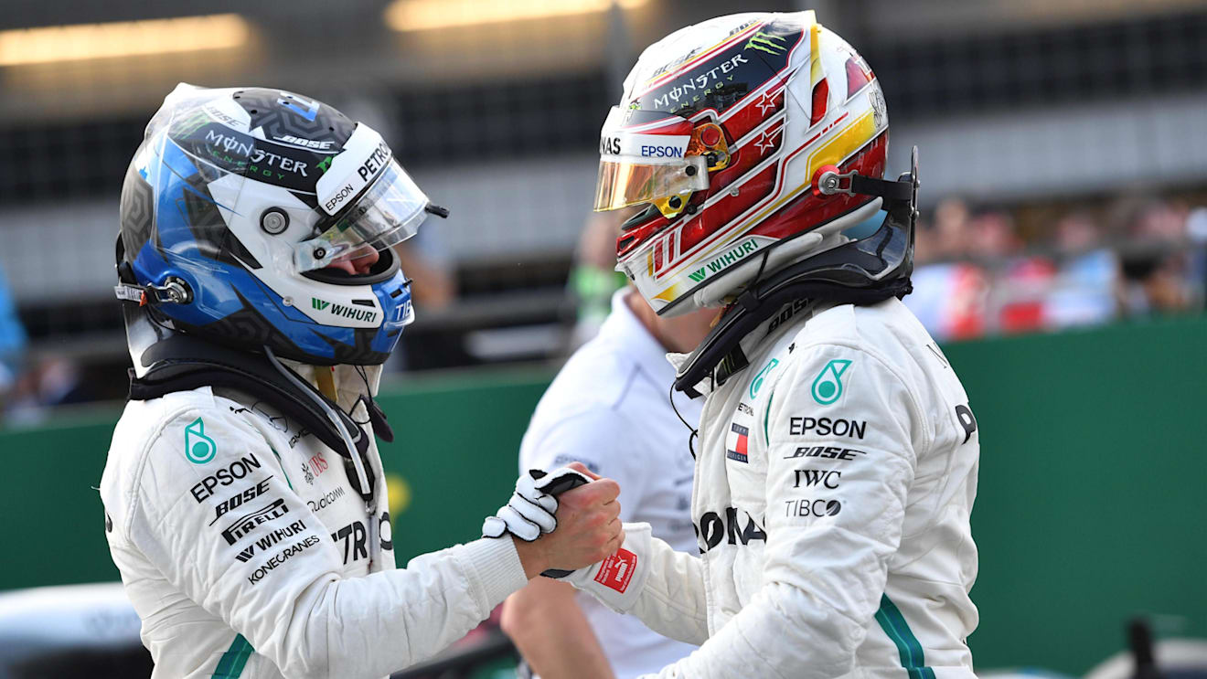 Valtteri Bottas (FIN) Mercedes-AMG F1 and Lewis Hamilton (GBR) Mercedes-AMG F1 celebrate in parc ferme at Formula One World Championship, Rd4, Azerbaijan Grand Prix, Qualifying, Baku City Circuit, Baku, Azerbaijan, Saturday 28 April 2018. © Jerry Andre/Sutton Images