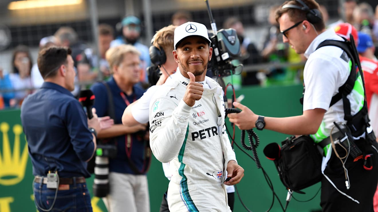 Lewis Hamilton (GBR) Mercedes-AMG F1 celebrates in parc ferme at Formula One World Championship, Rd4, Azerbaijan Grand Prix, Qualifying, Baku City Circuit, Baku, Azerbaijan, Saturday 28 April 2018. © Jerry Andre/Sutton Images
