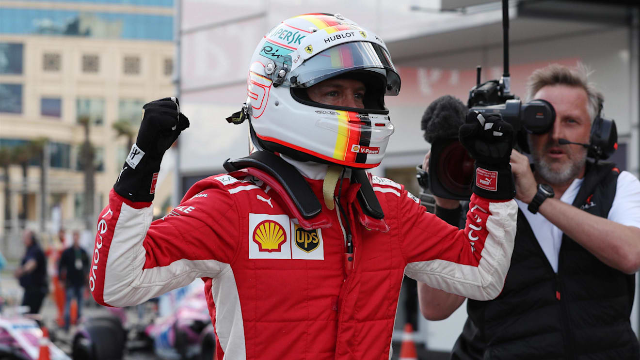 Pole sitter Sebastian Vettel (GER) Ferrari celebrates in parc ferme at Formula One World Championship, Rd4, Azerbaijan Grand Prix, Qualifying, Baku City Circuit, Baku, Azerbaijan, Saturday 28 April 2018. © James Gasperotti/Sutton Images