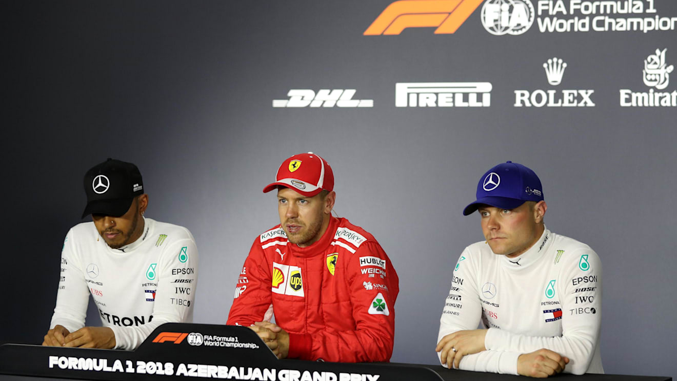 Lewis Hamilton (GBR) Mercedes-AMG F1, Sebastian Vettel (GER) Ferrari and Valtteri Bottas (FIN) Mercedes-AMG F1 ion the Press Conference at Formula One World Championship, Rd4, Azerbaijan Grand Prix, Qualifying, Baku City Circuit, Baku, Azerbaijan, Saturday 28 April 2018. © James Gasperotti/Sutton Images