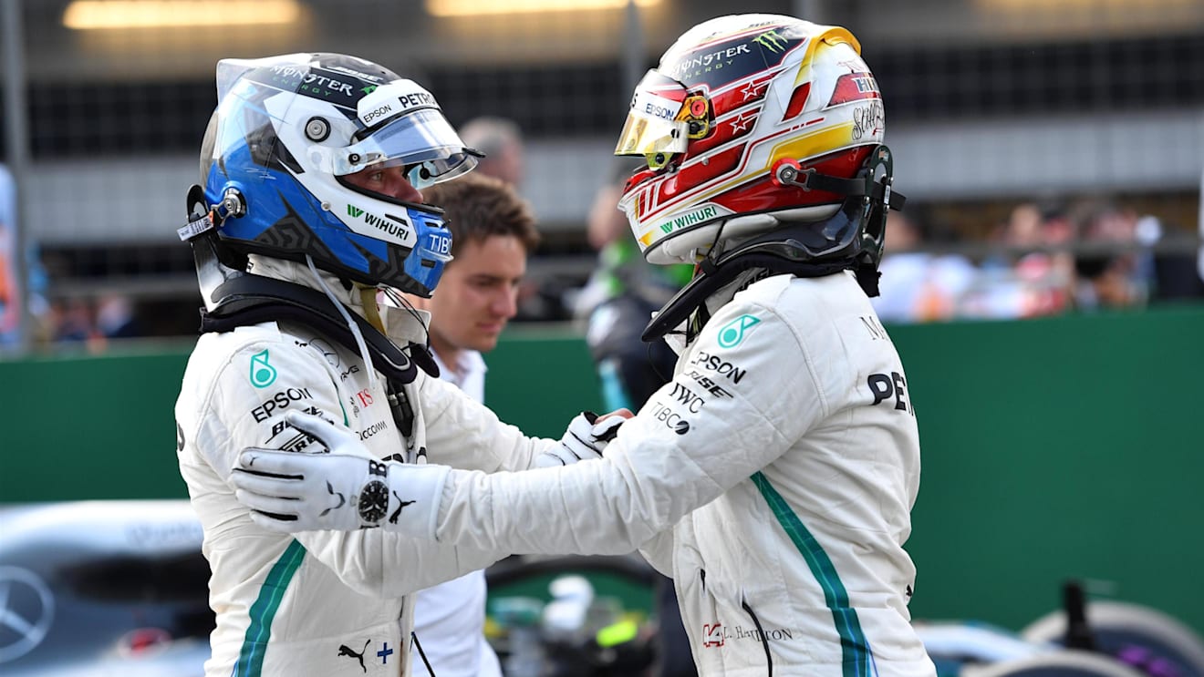 Valtteri Bottas (FIN) Mercedes-AMG F1 and Lewis Hamilton (GBR) Mercedes-AMG F1 celebrate in parc ferme at Formula One World Championship, Rd4, Azerbaijan Grand Prix, Qualifying, Baku City Circuit, Baku, Azerbaijan, Saturday 28 April 2018. © Jerry Andre/Sutton Images