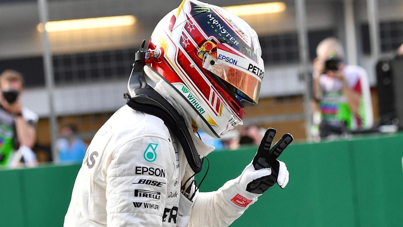 Lewis Hamilton (GBR) Mercedes-AMG F1 celebrates in parc ferme at Formula One World Championship, Rd4, Azerbaijan Grand Prix, Qualifying, Baku City Circuit, Baku, Azerbaijan, Saturday 28 April 2018. © Jerry Andre/Sutton Images