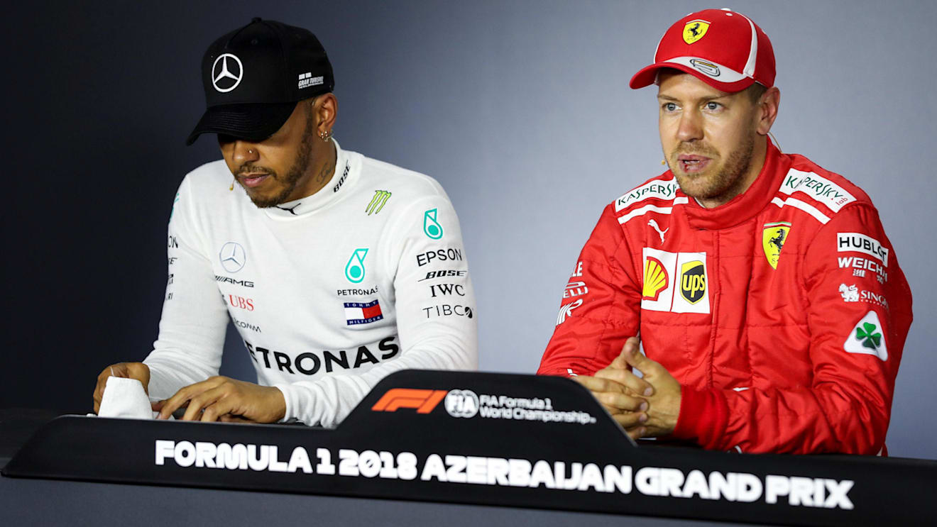 Lewis Hamilton (GBR) Mercedes-AMG F1 and Sebastian Vettel (GER) Ferrari in the Press Conference at Formula One World Championship, Rd4, Azerbaijan Grand Prix, Qualifying, Baku City Circuit, Baku, Azerbaijan, Saturday 28 April 2018. © James Gasperotti/Sutton Images